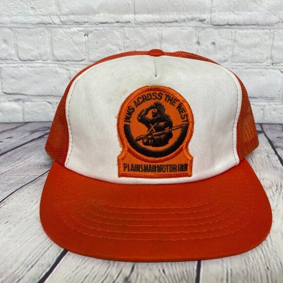 Vintage Trucker Hat Mesh Cap Snapback Orange Plains Motor Inn Across The West - Picture 5 of 14